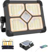 LED flood light with solar panel and charging cable on a white background